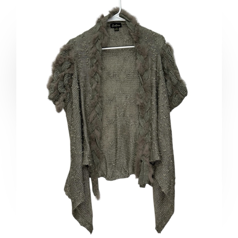 Cartise Grey Genuine Rabbit Fur High Low Short Sleeve Cardigan